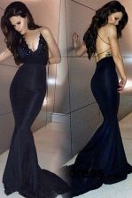 Clearance Navy Blue Mermaid Satin Sweetheart Sleeveless Beading and Lace Backless Prom Party Dress Sweep Train