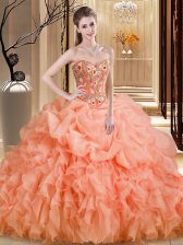 Decent Sleeveless Beading and Embroidery and Ruffles Lace Up Ball Gown Prom Dress with Orange Brush Train