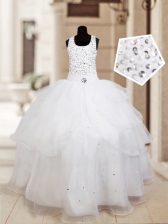 Customized Halter Top White Organza Lace Up Flower Girl Dresses for Less Sleeveless Floor Length Beading and Ruffled Layers