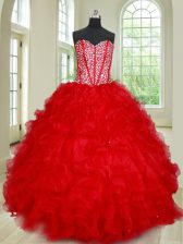 Cute Red 15th Birthday Dress Military Ball and Sweet 16 and Quinceanera with Beading and Ruffles Sweetheart Sleeveless Lace Up