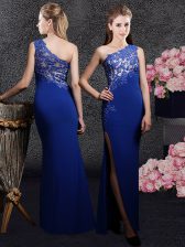  One Shoulder Sleeveless Elastic Woven Satin Dress for Prom Lace and Appliques Side Zipper