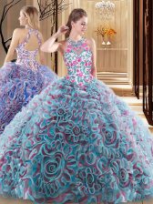 Excellent Multi-color Ball Gowns High-neck Sleeveless Fabric With Rolling Flowers Sweep Train Criss Cross Ruffles and Pattern Quinceanera Dresses