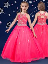 Custom Design Scoop Sleeveless Zipper Floor Length Beading Girls Pageant Dresses