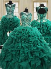  Four Piece Dark Green Scoop Lace Up Beading and Ruffles Sweet 16 Dress Sleeveless