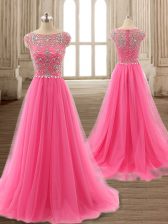 Luxurious Scoop Rose Pink Cap Sleeves Tulle Brush Train Zipper Prom Dresses for Prom and Party and Military Ball