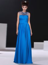 Gorgeous Column/Sheath Prom Dresses Blue Scoop Silk Like Satin Sleeveless Floor Length Zipper