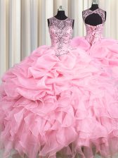  See Through Scoop Sleeveless Lace Up Sweet 16 Quinceanera Dress Baby Pink Organza