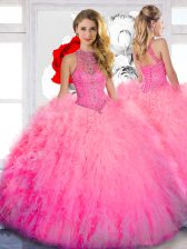 Custom Design Baby Pink Sleeveless Beading Floor Length Quinceanera Dress
