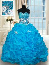  Baby Blue Sweetheart Lace Up Beading and Pick Ups Quince Ball Gowns Brush Train Sleeveless