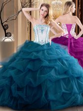 Chic Floor Length Teal Sweet 16 Dress Tulle Sleeveless Embroidery and Ruffled Layers