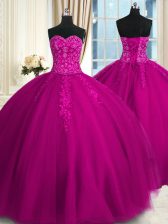Fantastic Fuchsia Tulle Lace Up Sweetheart Sleeveless Floor Length Quinceanera Dresses Appliques and Embroidery