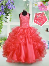 High Quality Halter Top Sleeveless Lace Up Floor Length Beading and Ruffled Layers Kids Formal Wear