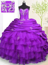  Purple Sleeveless Brush Train Beading and Appliques and Ruffled Layers and Pick Ups With Train 15 Quinceanera Dress