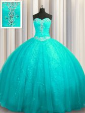 Free and Easy Aqua Blue Quinceanera Gown Organza and Sequined Court Train Sleeveless Beading and Appliques
