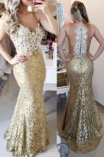 Fine Mermaid Gold Dress for Prom Prom and Party with Lace and Belt Spaghetti Straps Sleeveless Brush Train Zipper