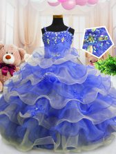 Glorious Ruffled Floor Length Ball Gowns Sleeveless Blue Child Pageant Dress Zipper