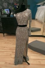  One Shoulder Silver Long Sleeves Sweep Train Beading With Train Dress for Prom