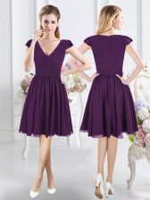 Gorgeous Purple Dama Dress Prom and Party with Ruching V-neck Cap Sleeves Zipper