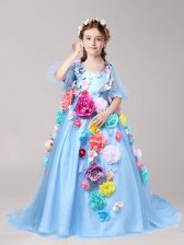 Baby Blue A-line Hand Made Flower Flower Girl Dresses Zipper Tulle Half Sleeves With Train