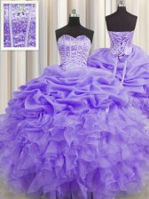 Enchanting Visible Boning Lavender Ball Gowns Organza Sweetheart Sleeveless Beading and Ruffles and Pick Ups Floor Length Lace Up Quinceanera Dress