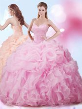  Rose Pink Quinceanera Dresses Military Ball and Sweet 16 and Quinceanera with Beading and Ruffles and Pick Ups Sweetheart Sleeveless Brush Train Lace Up