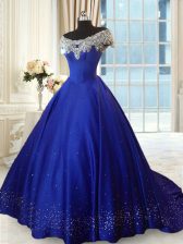 Excellent Royal Blue Satin Lace Up Off The Shoulder Cap Sleeves Vestidos de Quinceanera Beading and Lace