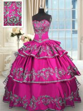  Fuchsia Ball Gowns Embroidery and Ruffled Layers Vestidos de Quinceanera Lace Up Satin Sleeveless Floor Length