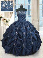 Top Selling Navy Blue Sleeveless Beading and Pick Ups Floor Length 15 Quinceanera Dress