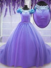  Scoop Lavender Short Sleeves Court Train Hand Made Flower 15 Quinceanera Dress