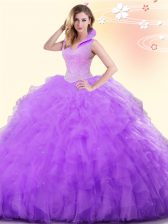 Edgy Lavender Tulle Backless High-neck Sleeveless Floor Length Quinceanera Dresses Beading and Ruffles