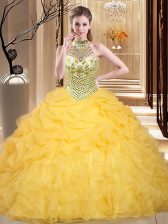  Halter Top Yellow Ball Gowns Beading and Ruffles and Pick Ups 15th Birthday Dress Lace Up Organza Sleeveless Floor Length