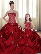Custom Design Taffeta Strapless Sleeveless Lace Up Embroidery and Pick Ups 15th Birthday Dress in Wine Red