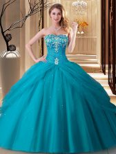 Exquisite Teal Ball Gowns Sweetheart Sleeveless Tulle Floor Length Lace Up Embroidery Quinceanera Gowns