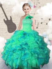 Floor Length Turquoise Girls Pageant Dresses One Shoulder Sleeveless Lace Up