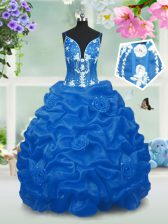 Wonderful Aqua Blue Ball Gowns Beading and Pick Ups Kids Formal Wear Lace Up Taffeta Sleeveless Floor Length