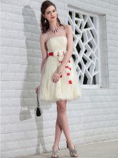  White Column/Sheath Strapless Sleeveless Tulle and Lace Floor Length Backless Belt and Hand Made Flower Homecoming Dress