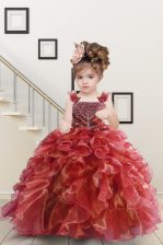 Latest Watermelon Red Ball Gowns Organza Straps Sleeveless Beading and Ruffles Floor Length Lace Up Girls Pageant Dresses