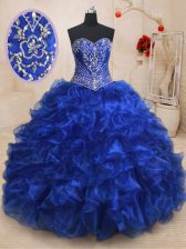  Organza Sleeveless With Train Quinceanera Dress Brush Train and Beading and Ruffles