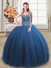  Teal Ball Gowns Beading 15th Birthday Dress Lace Up Tulle Sleeveless Floor Length