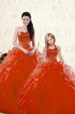 Customized Long Sleeves Organza Floor Length Lace Up Sweet 16 Dresses in Red with Beading and Ruffles
