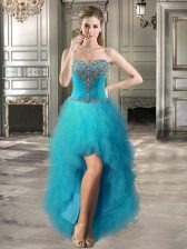 Chic Teal Lace Up Prom Dress Beading and Ruffles Sleeveless High Low