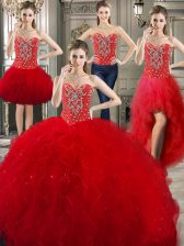 Glittering Four Piece Floor Length Red Quinceanera Dress Sweetheart Sleeveless Lace Up
