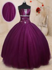  Dark Purple Strapless Lace Up Beading Ball Gown Prom Dress Sleeveless