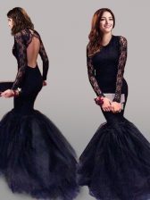 Low Price Navy Blue Mermaid Tulle Scoop Long Sleeves Lace With Train Backless Prom Gown Brush Train