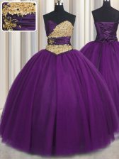  Floor Length Lace Up Quince Ball Gowns Purple for Military Ball and Sweet 16 and Quinceanera with Beading and Appliques