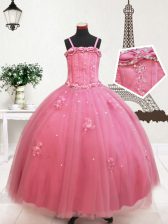  Straps Hot Pink Sleeveless Beading and Appliques Floor Length Girls Pageant Dresses