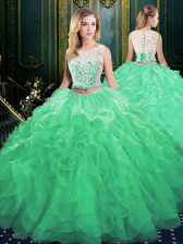  Green Two Pieces Organza Scoop Sleeveless Lace and Appliques and Ruffles Zipper Ball Gown Prom Dress Court Train
