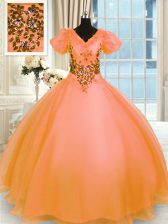  V-neck Short Sleeves Sweet 16 Quinceanera Dress Floor Length Appliques Orange Organza