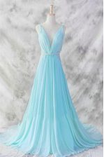 High End Baby Blue V-neck Neckline Belt Prom Dresses Sleeveless Backless
