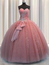 Traditional Watermelon Red Sleeveless Beading and Sequins and Bowknot Floor Length Quinceanera Gown
